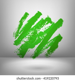 Vector illustration of bright Green circle painted by dry brush. Hand drawn shape. Grey background. Soft shadow, Textured element. Diagonal strokes. green lines. Dynamic.