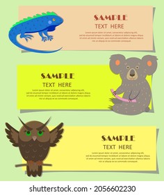 Vektorgrafik von hellgrüner Leguane, grauer Koala und brauner Eule mit ausgebreiteten Flügeln. Konzept von drei horizontalen Bestien auf Kinderkarten. Farbige Unterrichtstypografie für den Kindercartoon-Stil.