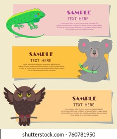 Vector illustration of bright green iguana, gray koala and brown owl with spread wings. Concept of three horizontal beasts on kids cards. Colorful teaching typography for children cartoon style.