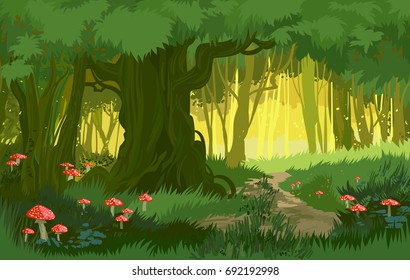Vector illustration bright green summer forest vector background jungle and toadstool   mushrooms   forest path cartoon style