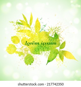 Vector illustration. Bright green and yellow watercolor autumnal background with element of grass and leaves