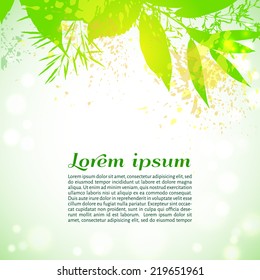 Vector illustration. Bright green and yellow  autumnal background with element of grass and leaves