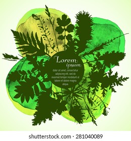 Vector illustration. Bright green and yellow watercolor autumnal or summer background with element of grass and leaves.