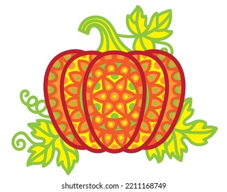 Vector illustration. Bright Halloween pumpkin in mandala style with detailed patterns