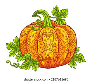 Vector illustration. Bright Halloween pumpkins in mandala style with detailed patterns