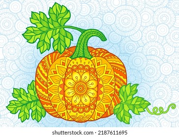 Vector illustration. Bright Halloween pumpkins in mandala style with detailed patterns