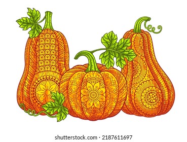 Vector illustration. Bright Halloween pumpkins in mandala style with detailed patterns