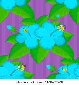 Vector illustration. Bright hawaiian design with vector tropical plants and blue, green and violet hibiscus flowers.