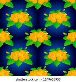 Vector illustration. Bright hawaiian design with vector tropical plants and yellow, blue and green hibiscus flowers.