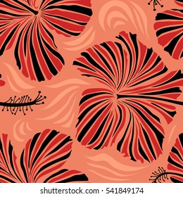 Vector illustration. Bright hawaiian design with vector tropical plants and orange and red hibiscus flowers.