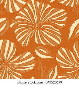 Vector illustration. Bright hawaiian design with vector tropical plants and beige and orange hibiscus flowers.