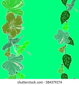 Vector illustration. Bright hawaiian design with copy space (place for your text) and vector tropical plants (green hibiscus flowers).