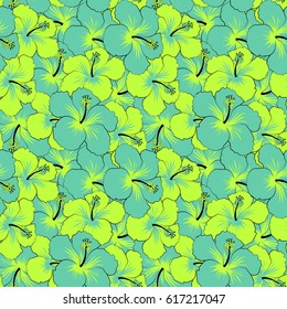 Vector illustration. Bright hawaiian design with vector tropical plants and green hibiscus flowers.