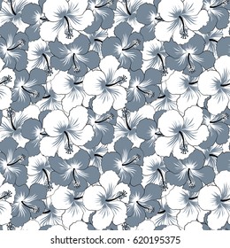 Vector illustration. Bright hawaiian design with vector tropical plants and neutral and white hibiscus flowers.