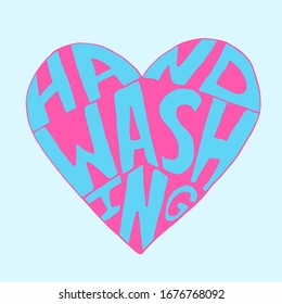 Ilustración vectorial del corazón brillante y del texto lavado de manos aislado en fondo azul. Afiche sobre higiene. Impresión de baño o baño, presupuesto de aseo. Medidas de seguridad contra virus y bacterias