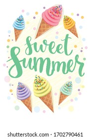 vector illustration of bright ice cream cones. lettering inscription. Picture print on t-shirts, for invitations, banners, parties.