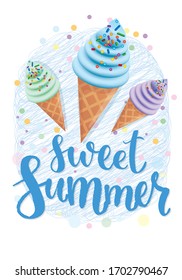 vector illustration of bright ice cream cones. lettering inscription. Picture print on t-shirts, for invitations, banners, parties.