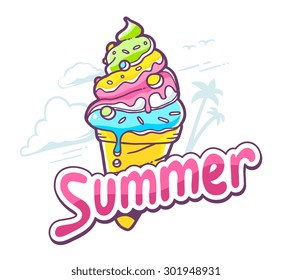 Vector illustration of bright ice cream on white background. Hand drawn line art design for web, site, advertising, banner, poster, board and print.  