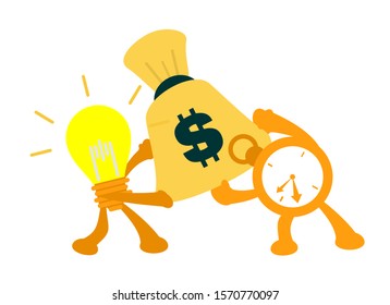 vector illustration bright idea lamp idea and clock time fight for money dollar bag economy flat design cartoon style
