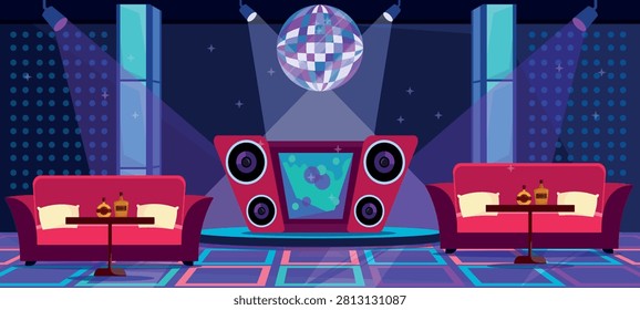 Vector illustration of a bright interior of a nightclub. Cartoon scene with music speakers, chairs, pillows, tables with alcohol bottles, a large disco ball, spotlights, streams of light, stars.