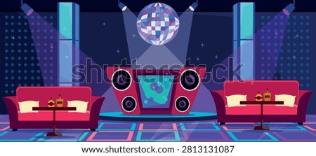 Vector illustration of a bright interior of a nightclub. Cartoon scene with music speakers, chairs, pillows, tables with alcohol bottles, a large disco ball, spotlights, streams of light, stars.
