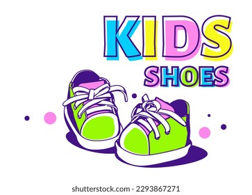 Vector illustration of bright kids cute shoes on white color background with header. Flat line art style design of child boots for web, banner, poster, print