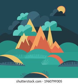 Vector illustration with bright landscape with mountains and clouds