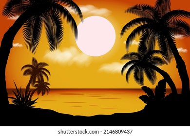 Vector illustration. Bright landscape, sun, clouds. Palm. Tropical