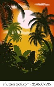 Vector illustration. Bright landscape, sun, clouds. Palm. Tropical