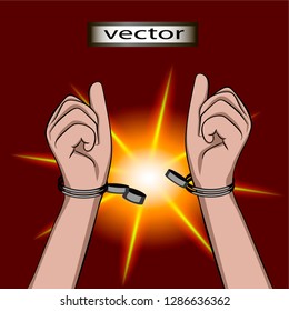Vector illustration of the bright light of freedom to take off the handcuffs to break the restrictions, avoid punishment shining, independent decision