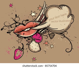 vector illustration of bright lips and berries in vintage style