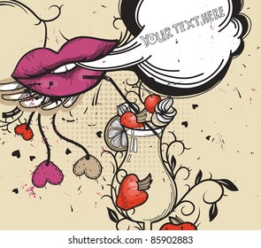 vector illustration of bright lips and yummy strawberries in a vintage style