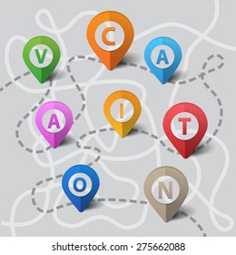 Vector illustration of a bright map pins VACATION on a map