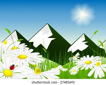 vector illustration of bright meadow over mountain view