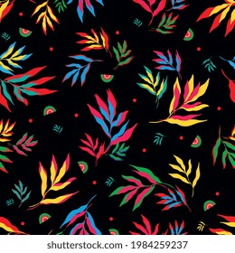 Vector illustration of bright multicolored leaves of tropical plants forming seamless pattern on black background