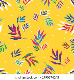 Vector illustration of bright multicolored leaves of tropical plants forming seamless pattern on yellow background