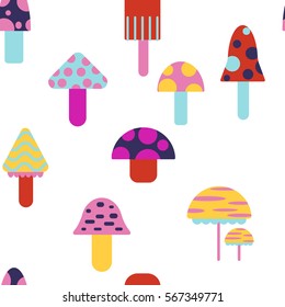Vector illustration of bright mushrooms seamless pattern