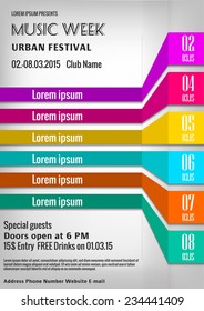 Vector illustration of bright  music week  poster design template with list of options