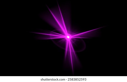 Vector illustration of bright neon pink flash with rays and bokeh. Laser effect. For disco, entertainment, magic and space themes. Isolated black background.