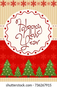Vector illustration of bright New Year greeting card with colorful fir trees ornament.