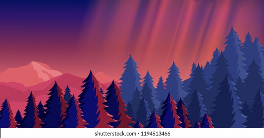 Vector illustration of bright night sky mountain landscape with northern lights in pink and blue colors. Mountaineering concept, traveling, exploring the world.