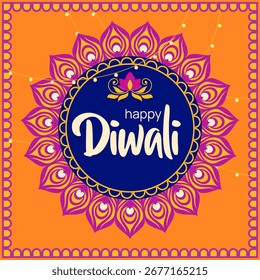 Ilustración vectorial de fondo naranja brillante con marco de mandala circular y luces festivas para la celebración de Diwali.