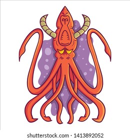 Vector illustration of a bright orange cartoon monster squid - Vector