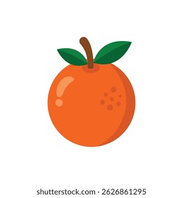 Ilustración vectorial de una fruta naranja brillante con un tallo y dos hojas verdes en estilo de dibujos animados planos.