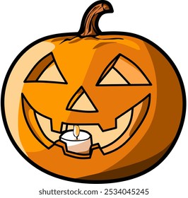 Vektorgrafik, eine leuchtend orangefarbene Jack-o'-Laterne mit Dreiecksaugen, ein zahnartiges Grinsen und eine Kerze, die innen flackert und eine klassische Halloween Dekoration symbolisiert.