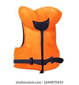 A vector illustration of a bright orange life jacket, an essential safety item found at the beach. The design features orange and black colors. Perfect for use in advertisements, brochures