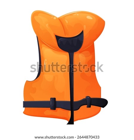 A vector illustration of a bright orange life jacket, an essential safety item found at the beach. The design features orange and black colors. Perfect for use in advertisements, brochures