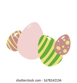 Vector illustration of bright painted Easter eggs. Some pink and green eggs with yellow strips and dots.