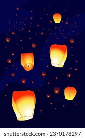 Vector illustration with bright paper lanterns in the night sky