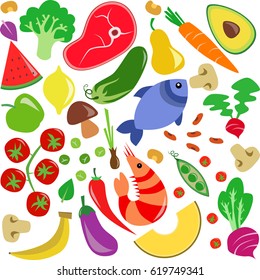 Vector Illustration Bright Pattern Of Fruits, Vegetables, Meat and Seafood in Colorful Flat Cartoon Style.